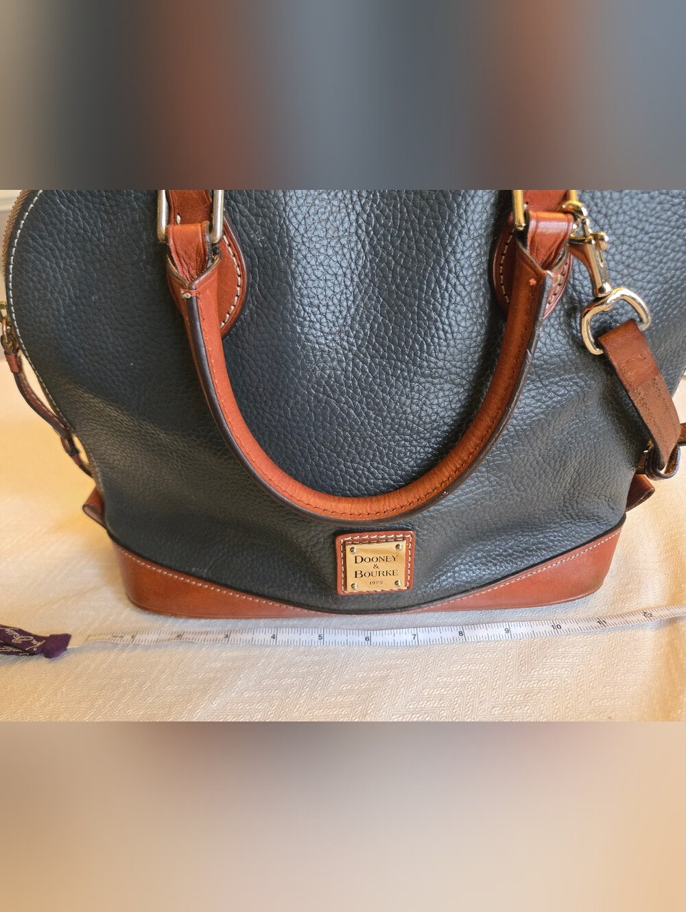 Dooney & Bourke Navy Pebble Leather Tote with Brown Trim